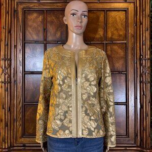 NWOT Colleen Lopez Faux Leather Mesh Gold Lace Semi Sheer Zip Front Jacket